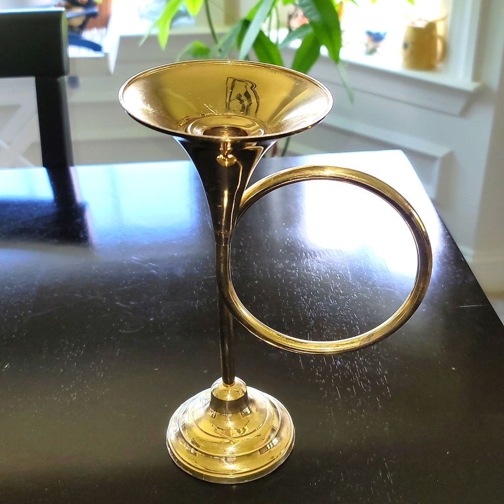 Brass French Horn Candlestick Holder 9" Tall Decorative Instrument